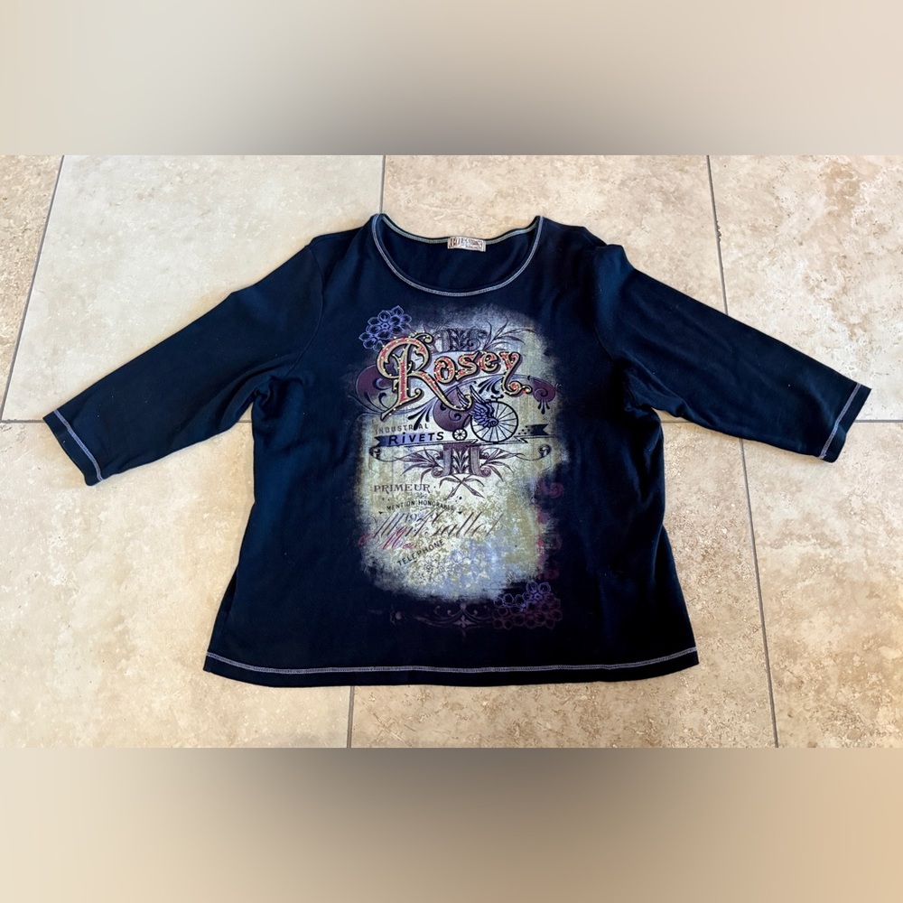 y2k Vintage Blue Canyon Clothing Top Women’s 1X 3/4 Sleeve shirt “Rosey” Graphic